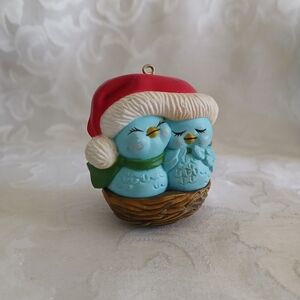 Festive Blue Bird Ornament with Santa Hat